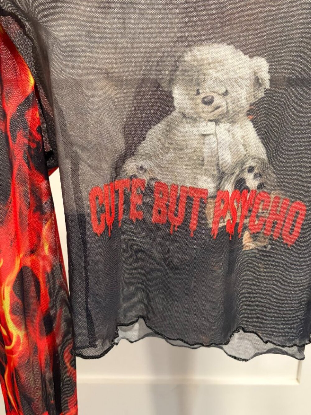 Y2K Edikted "Cute but Psycho" teddy bear mesh crop top with flame sleeves, XS